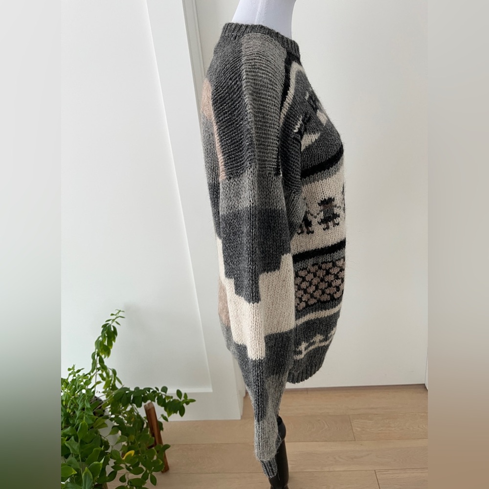 HAND MADE Pullover Crew Neck Sweater Balloon Sleeve Traditional Pattern Fuzzy - Picture 6 of 15